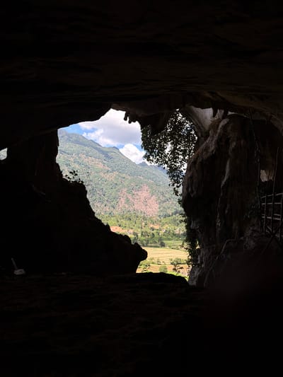 The image provides a view from inside a dark cave looking out towards a sunlit valley. The foreground is dominated by the dark, rough-textured interior of the cave. The opening of the cave frames a vibrant landscape of rolling green hills, a cultivated valley with rice paddies, and a blue sky with white clouds. Lush vegetation, including trees and hanging vines, are visible both within the cave entrance and on the exterior landscape. The scale of the landscape suggests a mountainous region. A rustic ladder made of wood is visible on the right side of the cave opening. The scene appears to be located in or near Ban Phon Sai, Laos, a region known for its karst landscapes and caves.