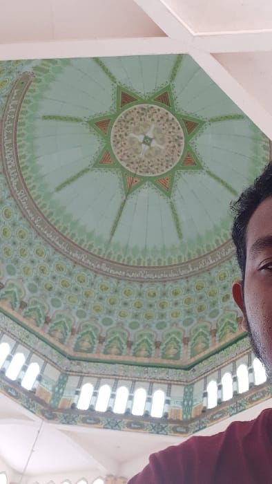 A partial view of a building's interior reveals an ornate dome. The dome is decorated with a large, central starburst pattern in green and beige tones. The surrounding surface features a repeating design with a light green base and darker green accents. Arabic inscriptions are visible around the perimeter. Arches with windows are present at the edge of the dome. A portion of a person's face and shoulder appear in the foreground, disrupting the view of the dome.