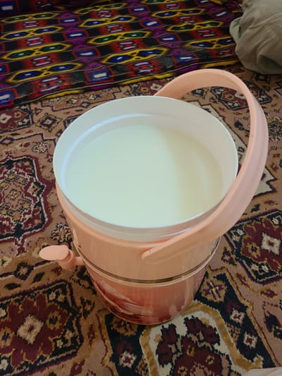A light peach-colored plastic jug filled with a pale yellow liquid, likely milk or yogurt, rests on a rug. The jug has a curved handle and a small spout at the bottom. The rug features a traditional geometric pattern with colors of red, brown, black, and gold. To the left of the jug, a piece of folded, light green fabric is visible, also lying on the rug. The overall setting appears to be indoors, with the lighting suggesting daytime. The scene is static, with no discernible activity or event taking place beyond the object being presented. There is no visible text in the image. The location context provided is Zhob, Pakistan.