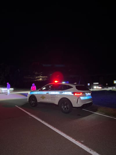 A police car with flashing red and blue lights is parked on the side of a road at night. The car has the word "ПОЛИЦИЯ" (Police) written on its side. Two people are standing near the car, one on the left and one in the middle. The person on the left is wearing a light-colored jacket and pants, and the person in the middle is wearing a reflective vest. The road appears to be in a rural area, with trees and grass visible in the background. There are streetlights and road signs visible in the distance. The sky is dark, with some clouds and a faint glow from the moon. The scene suggests a police stop or a traffic incident.