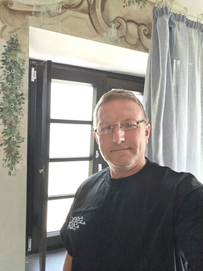 A man with short, blond hair and glasses is looking at the camera in a selfie. He is wearing a black t-shirt with white writing on the left chest. The background shows a window with sheer grey curtains on the right and a partially open dark wood door on the left. There is a fresco on the wall above the window and a decorative green vine with pink flowers painted on the wall to the left of the window. The lighting suggests it is daytime. The overall scene appears to be indoors, possibly in a residential or historical building. The man's facial expression is neutral.