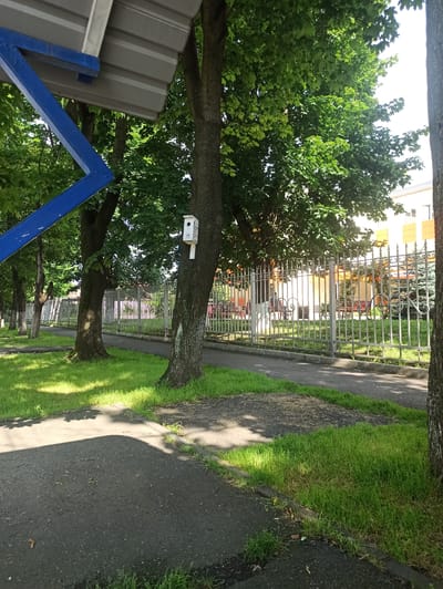 A bright, sunny day is depicted in this medium shot of a park or public walkway. In the foreground, a paved path curves to the right, bordered by a strip of lush green grass. Sunlight dapples the grass and the path, casting distinct shadows. To the left, a blue metal support beam extends upwards, attached to a gray, corrugated metal roof.
Further into the scene, a large tree trunk rises from the grass. Attached to this tree is a small, white birdhouse with a number "333" stenciled on its side. Beyond the tree, a metal fence with ornate scrollwork separates the park area from a building. The building is light-colored with yellow and white sections. In the background, several park benches are visible through the fence, some occupied by people. Several other trees with full green canopies are scattered throughout the park. The overall impression is one of a well-maintained outdoor space on a pleasant day.