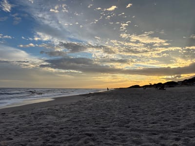 A coastal scene shows a beach at dusk under a sky filled with striated clouds tinged with golden light. Gentle waves lap the shore, while the sand in the foreground is marked with footprints. In the distance, several silhouetted figures are visible along the beach, near some sparse vegetation. The overall mood is tranquil and serene.
