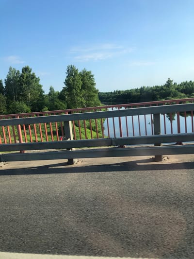 A wide-angle, medium shot captures a view from a bridge over a river, as seen from a vehicle. The bridge railing, a combination of grey metal and red vertical supports, dominates the foreground and midground. Beyond the railing, a calm river reflects the clear blue sky and the lush green trees lining its banks. The trees form a dense forest that stretches into the distance, with the shoreline partially obscured by shadows. In the middle of the river, two ducks are visible, swimming close together. The road surface, an asphalt texture, is in the bottom portion of the frame, suggesting the perspective of someone traveling across the bridge. The overall impression is one of a serene natural landscape on a bright, sunny day. The image was taken in the vicinity of Kablukovo, Russia.
