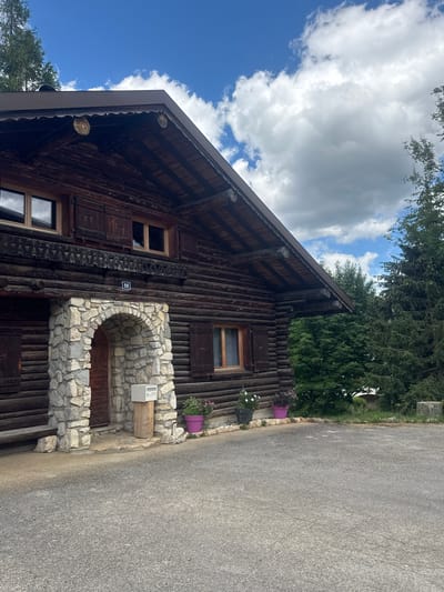 This media file captures a rustic log cabin situated in Les Rousses, France. The cabin features dark wooden logs, a steep roof, and traditional wooden shutters on its windows. A stone archway with a wooden door is visible at the entrance. Potted plants, one a vibrant purple, add a touch of color to the exterior. A white mailbox is mounted above the entrance. The scene is set against a backdrop of a bright blue sky with scattered white clouds and lush green trees. A paved path runs alongside the cabin. The image appears to have been taken during the daytime, under fair weather conditions. No people are visible in the frame. The number "98" is visible on a small blue and white sign on the cabin wall.