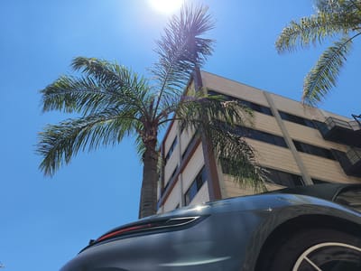 The image captures a low-angle view of a dark gray car, its front fender and part of the hood visible in the foreground. The car's design features a sharp, modern aesthetic, with a thin red light strip running across the back of the hood, suggesting it might be a taillight or a design element. Sunlight glints off the car's surface, indicating a bright day.
Behind the car, a contemporary building rises, characterized by horizontal siding in shades of beige and brown, with dark-paned windows. The architecture suggests an urban or modern commercial setting. Towering palm trees frame the scene, their fronds reaching towards the clear, bright blue sky. One palm tree is particularly prominent, positioned to the left of the building, its trunk textured and its leaves fanned out. Another palm is visible on the right, its fronds extending into the upper right corner of the frame.
The sun is high in the sky, casting bright light and creating lens flare effects, which are visible in the upper center of the image, suggesting it is midday. The overall impression is one of a sunny day in a location that combines modern architecture with tropical vegetation. While no people are visible, the scene implies an outdoor setting, possibly a parking area or a street near a building. The location context provided, Azor, Israel, further supports the interpretation of a warm, sunny climate. There is no visible text in the image.