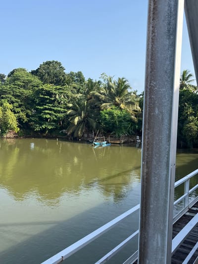 The image captures a view of a tranquil river scene in Kalutara, Sri Lanka. The foreground is dominated by a modern bridge structure, with a metallic support beam and white railings visible on the right. The river, with its murky green water reflecting the lush vegetation on the opposite bank, occupies the majority of the frame.

The far bank is densely covered with a variety of trees, including palm trees and other tropical foliage, creating a vibrant green backdrop. A small, rustic wooden structure or dwelling is partially visible along the riverbank, adjacent to a small wooden jetty. Two small, bright blue boats are moored near the jetty, suggesting local fishing or transportation activities. The water's surface is calm, with gentle ripples and reflections of the trees and sky. The sky above is a clear, bright blue, indicative of a sunny day. The overall atmosphere is serene and natural, showcasing the scenic beauty of the riverine landscape of Kalutara.