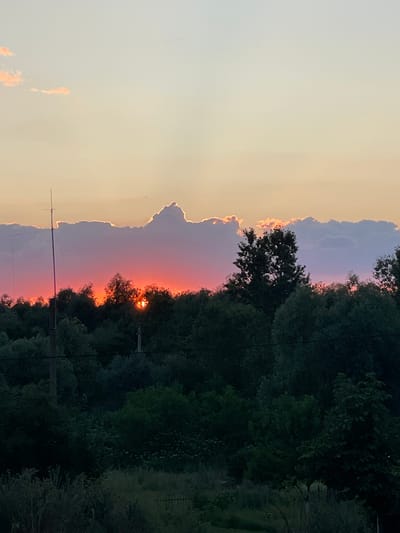 The image depicts a sunset over a dense treeline, likely in the vicinity of Colibași, Moldova. The sky transitions from a pale yellow at the top to a vibrant pink and orange hue near the horizon, with scattered clouds tinged with the sunset colors. The sun itself is partially obscured by a cloud formation, creating a radiant glow. Below the sky, a dark silhouette of trees dominates the middle and lower portions of the image. A tall, thin structure, possibly a utility pole or antenna, stands to the left, with some wires extending from it. The foreground shows a darker, indistinct area of foliage.