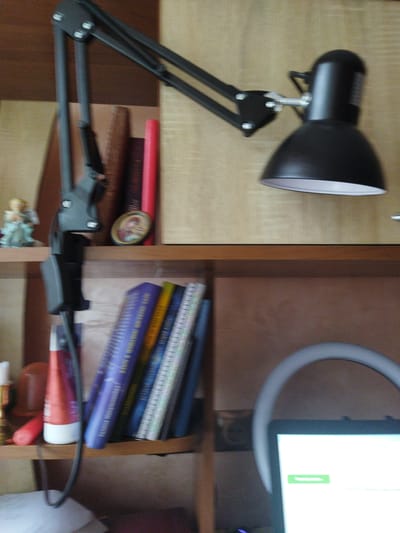 The image depicts a shelf filled with books and various objects, a black desk lamp extending from the top of the shelf, and a portion of a computer monitor. On the top shelf, a small figurine of a person in a light blue dress is visible on the left. Next to it are several books, including one with a dark cover and a red spine, and a circular decorative item with a portrait. A bright red cylindrical object is positioned to the right of the books. The desk lamp, made of black metal, is positioned above and to the right of the shelf. The lower shelf contains a stack of books, predominantly in shades of blue and yellow. To the right of the books, a portion of a computer monitor is visible, displaying a white screen with a green rectangle in the center. A light gray, U-shaped object is positioned in front of the monitor. The environment appears to be an indoor setting, likely a room with wooden shelves and a textured wall in the background. The image is somewhat blurry, making fine details difficult to discern. There is no identifiable information within the image that would indicate a specific location in Dolyna, Ukraine.