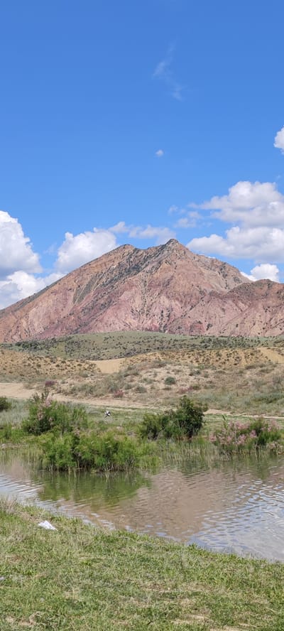 The image depicts a panoramic view of a mountainous landscape under a bright blue sky dotted with white clouds. In the foreground, a body of water reflects the surrounding environment, with lush green grass and some flowering bushes growing along its banks. A small amount of white debris is visible on the grassy bank.

In the midground, the terrain transitions to dry, sandy hills sparsely covered with vegetation. A lone figure, possibly a person on an ATV or a similar vehicle, is visible in the distance, traversing a path through this arid landscape.

The background is dominated by a large, imposing mountain with a reddish-pink hue, displaying intricate geological formations and patches of sparse greenery. The mountain's summit is a prominent feature, catching the sunlight.

The scene is indicative of a natural, undeveloped area. While the prompt mentions Lanjazat, Armenia, this specific location cannot be confirmed solely from the visual information provided in the image itself. The image showcases a typical semi-arid mountainous environment.