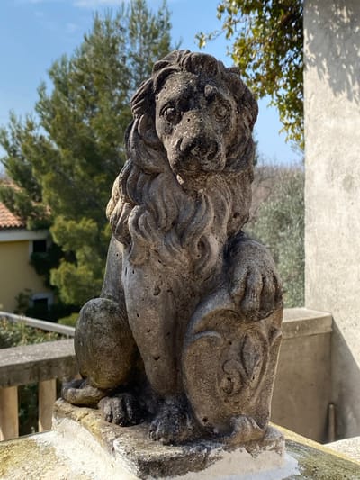 The image displays a weathered gray stone statue of a seated lion, centrally positioned on a light-colored, textured stone balustrade. The lion, facing slightly right, features a prominent mane and detailed facial characteristics with visible eyes and snout. Its right front paw rests upon a shield-like object, which bears a carved emblem resembling a fleur-de-lis. The statue's surface exhibits erosion and pitting. In the left background, a pale yellow residential building with a terracotta-tiled roof is partially visible behind a row of tall, dense green coniferous trees. The sky above is clear and blue. To the right, a textured light-gray concrete wall shows dappled shadows from overhead foliage, with additional green trees visible in the distance. The entire scene is brightly illuminated by direct sunlight, casting defined shadows. No people or dynamic actions are present. The location is Vrijesno, Montenegro.