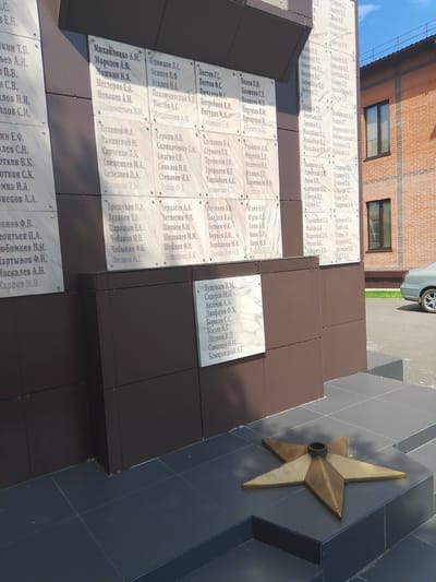The image shows a monument with plaques bearing names, likely a war memorial. The monument is constructed of dark brown panels, with white marble plaques attached. The plaques are inscribed with names and initials, arranged in columns. In the foreground, a five-pointed star, possibly a memorial flame base, rests on a dark tiled surface. To the right of the monument, a brick building with windows is visible, and a silver car is parked. The environment appears to be outdoors, with a clear sky in the background. The city of Изыхские Копи, Russia is mentioned in the prompt as the location. However, there is no visual information within the image that directly confirms this specific location. The scene is static, with no people or actions depicted.