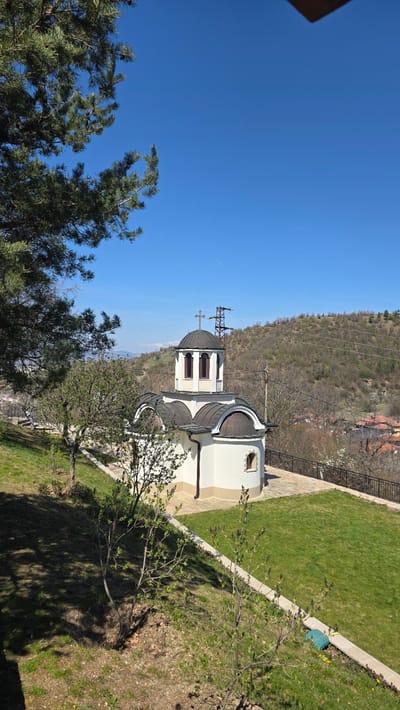 A medium-distance shot shows a small, white orthodox church with a dark gray domed roof topped with a cross, situated next to a grassy lawn. A mountain covered in trees is in the background, along with power lines, and a clear blue sky. In the foreground, to the left, is a pine tree, and other trees with budding leaves. The church appears to be located in a rural or semi-rural area. Based on the prompt, the location is in Elenovo, Bulgaria.