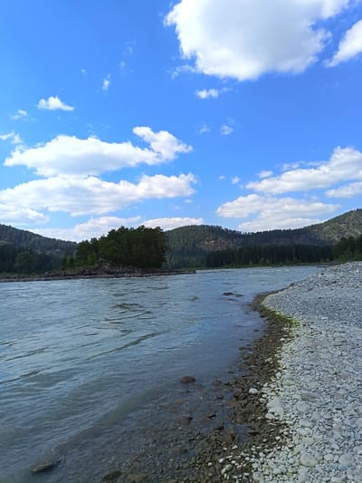 The image depicts a wide, rocky river flowing through a landscape dominated by forested mountains under a blue sky with scattered white clouds. The river occupies the left and central portions of the frame, its surface rippled and showing a bluish-gray hue. The right bank is densely covered with smooth, rounded pebbles of various sizes, creating a distinct texture. In the middle distance, a small, tree-covered island is visible, surrounded by rocks. The background features rolling hills and mountains covered in dark green coniferous forests. The sky is a vibrant blue, with fluffy white clouds casting shadows on the landscape. No people or structures are visible in the image. The scene is one of natural wilderness, likely a remote area in Russia, given the mention of "Нижнекаянча".