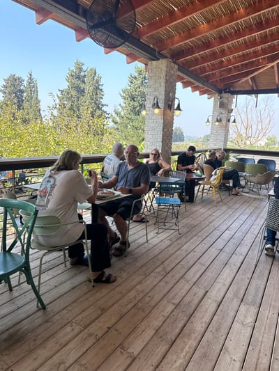 This image depicts an outdoor dining area on a wooden deck patio, presumably at a restaurant or cafe, located in Kfar Monash, Israel. The patio is covered by a slatted wooden pergola roof with exposed beams and features two prominent light-colored brick-like columns, each adorned with two black, lantern-style wall sconces. A large black industrial-style ceiling fan is mounted to the roof structure.

In the immediate foreground, a light-skinned woman with blonde hair, wearing a white t-shirt with a graphic print and dark pants, is seated in a light green metal chair. She faces right, conversing with a light-skinned, bald man wearing glasses, a dark grey short-sleeved collared shirt, and dark shorts, seated opposite her in a dark metal chair. A metal table between them holds a plate with food (possibly a pastry) and a cup. Both individuals are wearing dark open-toed sandals.

In the midground, to the left, a man with light hair wearing a white t-shirt with a dark logo is partially visible, seated at a table. To the right of the central couple, a blonde woman wearing a black sleeveless top with sunglasses on her head is seated at a table. Next to her, a man with dark hair, wearing a dark t-shirt, is seated and looking down at a smartphone. Further into the background, several more patrons are seated at various tables with chairs in styles including yellow, green, and wicker, engaged in leisure activities.

Beyond the dark metal railing of the patio, a dense landscape of lush green trees and foliage is visible. In the distance, additional trees and open fields extend under a clear, somewhat hazy blue sky. The wooden deck floor consists of light brown planks.