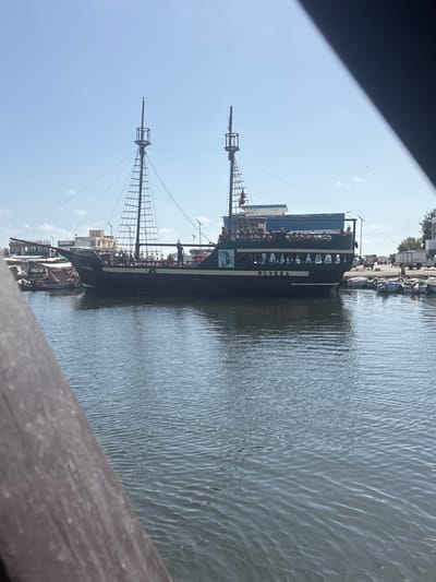 A dark green pirate-style tour boat named "ELYSSA" is docked in the harbor of Houmt Souk, Tunisia. The boat, which has two masts and appears to be carrying passengers on its upper deck, is positioned in the foreground. The water in the harbor is calm with small ripples. In the background, other boats are docked, and buildings, including a light blue structure, are visible along the waterfront. The sky is clear and blue with a few faint clouds. The scene is observed from a slightly elevated perspective, with a dark, out-of-focus wooden railing in the lower left corner of the frame.