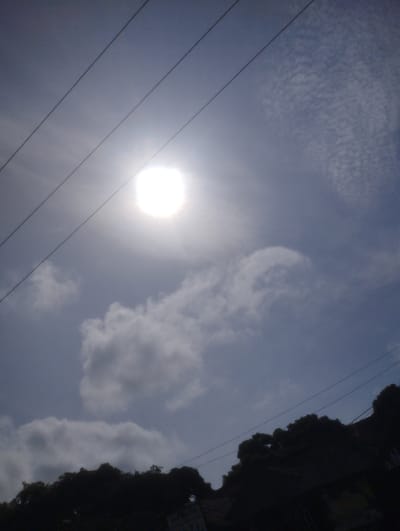 The image captures a bright, hazy sun low in the sky, partially obscured by thin clouds. Four dark power lines stretch diagonally across the frame. The lower portion of the image is dominated by the silhouetted outlines of trees and what appears to be rooftops, indicating an urban or semi-urban environment. The sky is a light blue with some scattered white clouds. There are no people visible in the image. This scene is consistent with a view from an elevated position in Jos, Nigeria, likely taken during the day when the sun is relatively low.