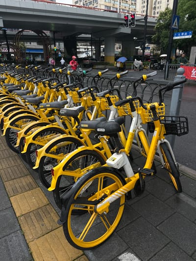 A line of yellow shared-use bicycles is parked along a sidewalk in Yangpu District, China. The bicycles have black seats and baskets, and some have white frames. The ground is paved with grey and yellow textured tiles. In the background, an elevated road or bridge passes overhead, with traffic lights and street signs visible. Several people are present, including a person in a red jacket and helmet, and others walking and cycling. Buildings and trees form the backdrop of the urban environment. The overall scene suggests a typical streetscape in a Chinese city.
