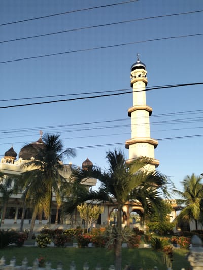 The image shows the Baiturrahman Grand Mosque in Lhokseumawe, Indonesia. The mosque features a tall, white minaret with multiple levels and balconies, topped with a silver dome. Adjacent to the minaret are the main mosque buildings with dark domes and a crescent moon finial. Palm trees and other lush greenery are visible in the foreground and around the mosque, suggesting a tropical or sub-tropical climate. The sky is clear and blue, with several power lines crisscrossing the upper portion of the frame. The lighting indicates it is either early morning or late afternoon, with the sun casting long shadows. The overall impression is of a serene and majestic religious structure in a well-maintained setting. There are no people visible in the frame.
