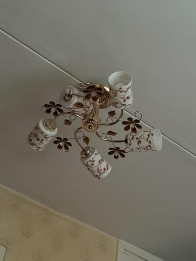 A close-up, overhead shot captures a decorative ceiling light fixture with multiple glass shades, each adorned with a floral pattern of brown vines and leaves against a white background. The fixture itself is made of gold-colored metal, featuring delicate floral embellishments and supporting arms that extend from a central base. The light illuminates a ceiling, which appears to be a plain, light gray color, with a subtle seam running diagonally across the upper left portion of the image. In the lower left corner, a portion of a wall is visible, covered in light beige wallpaper with a repeating floral motif. The scene is devoid of any people, animals, or other living subjects. The overall impression is one of an interior residential space, potentially a living room or bedroom. The image was taken in Polarnie Zori, Russia.