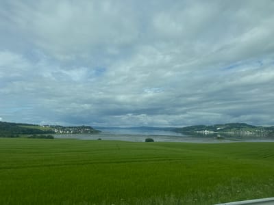 A wide shot captures a vast expanse of verdant, green fields in the foreground, leading to a body of water where a town is nestled along the coastline, with hills rising in the background. The sky is filled with a dramatic, overcast expanse of gray and white clouds.
The foreground consists of a meticulously cultivated field of bright green crops, appearing to be barley or wheat, stretching across the entire lower half of the image. The field is characterized by uniform rows, suggesting agricultural activity. A faint, unpaved path or track is visible meandering through the field from the left side. The bottom right edge of the image shows a sliver of white gravel and some dry grass and weeds, hinting at a roadside or border.
The middle ground transitions into a calm, expansive body of water, likely a fjord or bay, reflecting the overcast sky. Along the distant shoreline, a town with numerous buildings, predominantly white with red roofs, is visible. These buildings are clustered closely together, forming a community. The town is situated on a gentle slope that rises to meet lush, green, tree-covered hills.
The background consists of more rolling hills, some appearing to be forested and others more sparsely vegetated. The distant landscape is shrouded in a soft haze, and the mountains fade into the cloudy horizon.
The sky is a dominant feature, characterized by a dense layer of cumuliform clouds. These clouds are a mixture of light gray and white, with darker, heavier formations interspersed. The lighting is diffused and muted, typical of an overcast day, casting a soft, even light on the landscape.
The scene is static and serene, with no visible people or animals. The overall impression is one of tranquil rural beauty, with the natural landscape and the human settlement coexisting harmoniously. The location is identified as Verdalsøra, Norway, suggesting a coastal setting within a mountainous region.