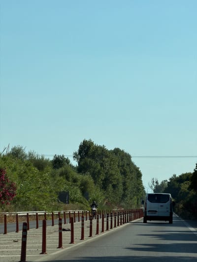 In Λεχαινά, Greece, a white van is captured driving on a highway. The van is positioned in the right lane of the road, moving away from the viewer. The road is paved with asphalt and has a white line marking the lane. The van's license plate reads "IP07341". On the left side of the road, there is a barrier made of orange traffic cones. Beyond the barrier, there are lush green trees and vegetation. A person on a motorcycle, facing away from the viewer, is also visible in the distance on the left side of the road. The sky above is clear and blue.