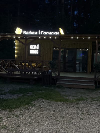 The image shows a wooden building with illuminated signs. The building appears to be a food establishment. The sign on the left reads "Вафли | Сосиски" in Cyrillic, which translates to "Waffles | Sausages." A waffle icon is positioned below the sign. Another sign on the building reads "GEV 4 KROS." The building is adorned with string lights. To the left, dense foliage and trees suggest a wooded area. To the right of the building is a gravel area with patches of grass. The location is likely Dom Otdykha Zolotoy Plyazh, Russia, given the signage in Cyrillic.