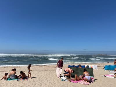 The image displays a sunny beach scene at Caminha, Portugal, with the Forte da Ínsua visible in the distant right. The sky is clear blue with no clouds, extending to a hazy horizon line over the Atlantic Ocean. Moderate waves with white foam crests are breaking on the sandy shore.
In the foreground, on the light-colored sand, multiple individuals and groups are present. To the left, a young child, an adult female in a striped bikini facing away, an adult male in dark shorts, and a young girl in a light swimsuit holding a small object are situated on two towels (one blue/white striped, one colorful striped).
In the center, an olive-green multi-panel windbreak is erected. An adult male in a dark red shirt stands to its left, holding a striped towel. In front of the windbreak, an adult male in a patterned shirt crouches. An adult female in a light bikini reclines on a pink towel, interacting with a smartphone, while another adult female in a striped bikini kneels beside her. Two individuals are partially visible seated behind the windbreak.
To the far right, a light-blue multi-panel windbreak is present, with pink towels on the sand. Beyond this, an adult male stands partially submerged in the shallow ocean water, facing away from the camera. The stone structure of Forte da Ínsua is visible in the distant waters.