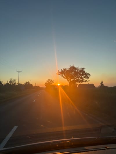 The image depicts a roadside view at sunset, likely on a country road near Ruginoasa, Romania. The sun is low on the horizon, casting a warm, orange glow across the scene and creating strong lens flares. A paved road with white lane markings stretches into the distance, flanked by vegetation and trees. Telephone poles line the left side of the road. In the middle ground, a large, silhouette of a tree stands prominently to the right, with a house visible behind it. The sky is a gradient of blue to orange, characteristic of a sunset. The foreground shows a portion of a car's interior, possibly a dashboard or windshield frame, indicating the photo was taken from inside a vehicle. There are no people or animals visible in the frame. The overall atmosphere is serene and suggestive of a rural setting during the golden hour.