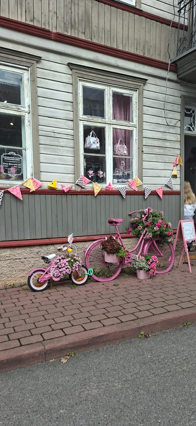 This image captures a street view in Viljandi, Estonia, featuring a quaint storefront adorned with floral decorations. Two pink bicycles, one child-sized and the other a standard adult bicycle, are prominently displayed. Both bicycles are creatively decorated with abundant pink flowers. The smaller bicycle is laden with pink blossoms overflowing from its frame and basket, while the larger bicycle has a substantial floral arrangement on its handlebars and basket, with additional pink flowers in a separate bucket placed in front of it.
The storefront itself is constructed of weathered wooden planks, painted a light grey. A dark red trim runs along the upper edge of the wooden siding. Two large, multi-paned windows are visible, one on the left and one in the center. Both windows display various items, including handbags hanging inside. A string of triangular fabric pennants, featuring pink, yellow, and black polka dot patterns, is strung across the front of the building below the windows.
To the right of the bicycles, a pink A-frame sign stands on the brick sidewalk. Text on the sign indicates "AYATUD! / S TÜDISHOP / FOOD / SHOP." A young girl with blonde hair, wearing a white top, stands in the doorway of the establishment to the right, partially visible. The sidewalk is paved with red brick pavers, and a grey asphalt street is visible in the foreground. The overall impression is one of a charming and welcoming shop with a festive and floral aesthetic.
