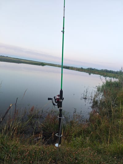 The image depicts a fishing rod with a reel, planted in the ground near a calm body of water. The fishing rod is green and has a reel attached, which is red and silver. The rod is secured in a white holder with two loops. The surrounding environment consists of tall green and brown grass, with some small pink flowers visible in the foreground. The water is still and reflects the light blue sky and distant greenery on the opposite bank. The scene appears to be set during either dawn or dusk, given the soft, diffused light. The location is the city of Жаңажол, Kazakhstan. There are no people visible in the image.
