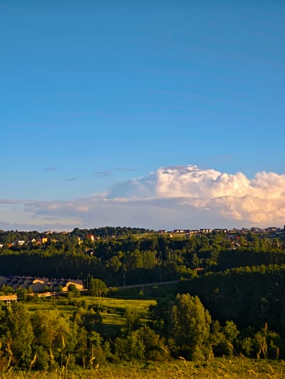 The image depicts a scenic vista of rolling hills covered in lush green trees, with a cluster of houses nestled on the higher ground. The sky above is a clear, vibrant blue, punctuated by a large, fluffy white cloud illuminated by the warm glow of sunlight, suggesting it's either sunrise or sunset. In the foreground, tall grasses sway gently, adding a natural, rustic element to the scene. A road or pathway winds through the landscape, and a row of houses with yellow walls and dark roofs is visible on the middle ground. The overall impression is one of tranquility and natural beauty. The location is identified as Ильинское, Russia.