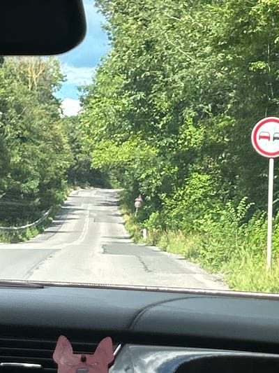 The image shows a view from a vehicle traveling on a paved road that curves and ascends through a dense, green forest. The road has double white lines dividing the lanes. On the right side of the road, a white pole supports a circular red and white traffic sign featuring two red cars, indicating no overtaking. Further down the road, another smaller, blurred sign is visible on the right. The sky is partly cloudy and blue. In the foreground, the dashboard of the vehicle is visible, with a pink, cartoon-like air freshener shaped like a pig dangling from the vent. The scene appears to be located in or around Zvezditsa, Bulgaria, given the context provided.