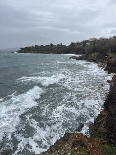 The image displays a coastal scene within the Saronida Municipal Unit, Greece, under an overcast sky. The foreground and midground feature turbulent, dark teal-green sea water with numerous whitecaps and breaking waves crashing against a rocky shoreline. The immediate right edge of the frame shows a steep bank of reddish-brown and dark grey rock, sparsely covered with dry, dark vegetation. The coastline extends left, forming a rocky peninsula densely covered with green trees and bushes. Beyond this peninsula, additional buildings, primarily white and multi-story, are visible along the distant hillside and shoreline. No individuals or specific actions are discernible. The sky is uniformly grey and cloudy.