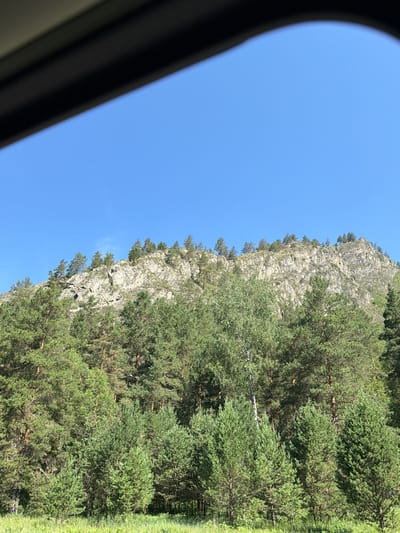 The image shows a view from a window looking out at a rocky mountain covered with evergreen trees. The sky is a clear, bright blue. A dark frame, likely the window of a vehicle or building, partially obscures the top of the image. The mountain is rugged with visible rock formations and patches of vegetation. A dense forest of pine trees occupies the lower half of the image, with younger trees in the foreground and older, taller trees behind them. The lighting suggests it is daytime, likely morning or afternoon, given the clear sky and bright sunlight. No people or man-made structures other than the framing element are visible in the image. The location is specified as Uznezya, Russia, though no specific landmarks within Uznezya are identifiable from the visual information alone.