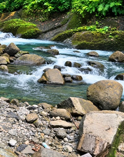 The image shows a rocky riverbed with clear, flowing water. Lush green vegetation covers the steep banks of the river. Large, moss-covered rocks are scattered throughout the scene, both in the water and on the shore. The foreground is dominated by a collection of smaller, varied-colored rocks and pebbles, with a few larger boulders. A plastic bottle lies amongst the rocks in the lower left of the image. The overall impression is of a natural, untamed environment in Gunung Ambat, Indonesia.