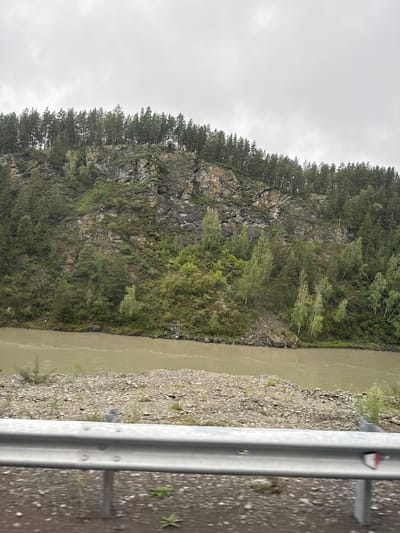 The image depicts a natural landscape with a wide, muddy river flowing in the foreground, bordered by a rocky, tree-covered slope. The sky is overcast and gray. A silver metal guardrail is visible in the lower portion of the image, suggesting the scene is viewed from a road. The trees on the slope are predominantly coniferous, with some deciduous trees interspersed, and the terrain appears rugged and uneven. The location is identified as Katun, Russia. There are no people or visible human activity beyond the guardrail.