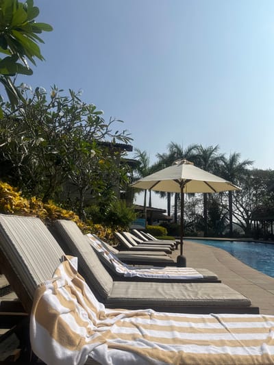 A sunny outdoor scene features a row of lounge chairs beside a swimming pool. A striped towel is draped over the closest chair. A large, open umbrella casts a shadow over the lounge area. Tropical trees and greenery frame the view, with a clear blue sky visible above. The pool's edge is defined by a light-colored border.