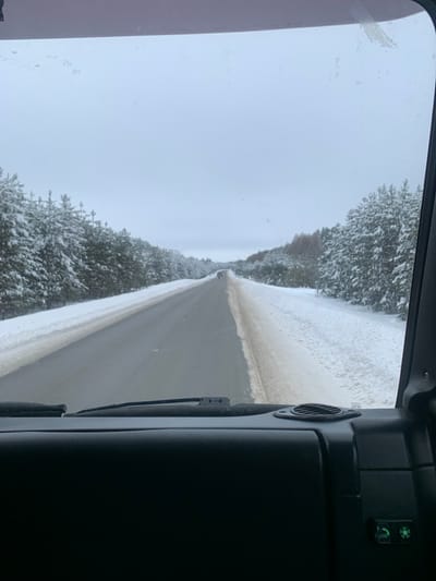 The image captures a winter road scene from the interior perspective of a vehicle, situated in Gol'yany, Russia. The viewpoint is through the windshield, looking forward down a two-lane asphalt road that extends linearly into the distance under an overcast, light grey sky. Snow-covered pine trees line both sides of the road, forming dense rows. The road surface appears wet or cleared, while the shoulders are covered with a mixture of snow and brownish slush. A single light-colored vehicle is visible far down the road, traveling in the same direction as the observer's vehicle. In the foreground, the dark dashboard of the observer's vehicle is visible, featuring a pair of resting windshield wipers. On the passenger side of the dashboard, a circular air vent is present. To the far right, near the A-pillar, a small control panel with green illuminated icons, including a phone, an SOS symbol, and a gear-like symbol, is affixed. The upper portion of the windshield exhibits minor smudges. No people are explicitly visible.