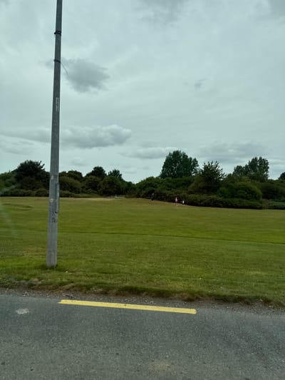 The image shows a grassy field with a line of trees in the background under a cloudy sky. A tall metal pole is visible on the left side of the frame. In the middle ground, several people are walking on the grass. A yellow line is painted on the asphalt in the foreground. The location is the Curragh Edge, Ireland.