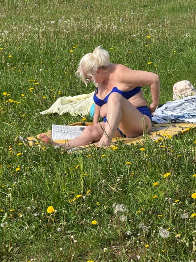 A mature Caucasian woman is sitting on a yellow striped towel in a grassy field dotted with dandelions. She is wearing a blue bikini and has blonde hair styled in a bun. Her head is turned toward the left. She is holding a piece of paper. Her belongings, including clothes and a beige hat, are scattered around her. This photo was taken outside in Novosinkovo, Russia.