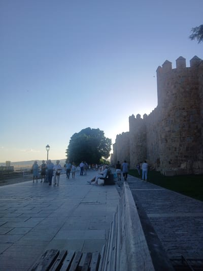 The image captures a sunlit scene of the medieval walls of Ávila, Spain, with a clear blue sky overhead. The walls, constructed of weathered stone, form a prominent barrier on the right side of the frame, their crenellated tops silhouetted against the sky. In the foreground, a stone-paved walkway stretches along the base of the wall, populated by several individuals. Some are walking, while others are seated or standing in conversation. A large, leafy green tree stands to the left of the walkway, providing a visual counterpoint to the stone architecture. The overall impression is one of a public space, likely a promenade or viewpoint, enjoyed by locals and tourists alike during daylight hours.