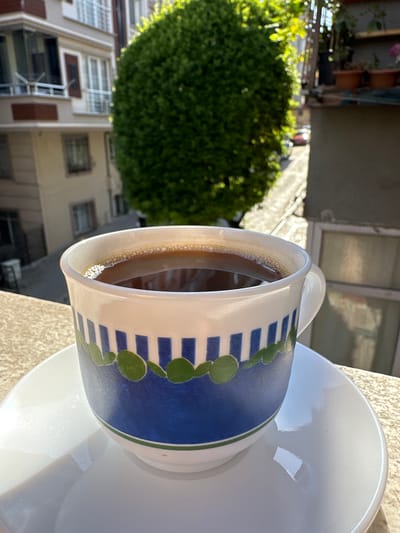 A close-up, eye-level shot captures a full cup of dark liquid, likely coffee, steaming slightly and resting on a white saucer. The cup itself is white with a decorative band featuring vertical blue stripes and green circular patterns. The cup and saucer sit on a stone surface, possibly a balcony railing, with a sunlit, out-of-focus urban background. A large, rounded green shrub dominates the mid-ground to the right of the cup. Behind the shrub, buildings with windows and balconies, along with a street, are visible under bright daylight. The scene appears to be set in a residential area of Bahçelievler, Turkey, indicated by the architectural style of the buildings and the presence of a lush shrub typical of urban gardens in the region.
