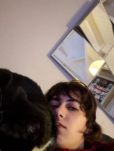 A young person with dark hair and fair skin rests their face against a black cat with a white patch. The individual wears a red garment. Above them, a set of square mirrors is affixed to a light-colored wall, reflecting parts of a bookshelf. The lighting appears dim, casting shadows across the scene. The picture is taken from an unusual angle, looking upwards towards the subject.