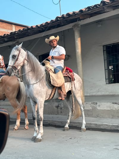 A medium shot depicts a man on horseback in Atoyac de Álvarez, Mexico. The man wears a white shirt, blue jeans, a cowboy hat, and a watch on his left wrist. He is atop a dappled gray horse with a decorated saddle and bridle. A second horse, partially visible in the foreground, appears to be light brown. Both horses are standing on a concrete road. To the left is a building with a tiled roof and a pillar. A window with metal bars is visible above the man. The sky is a clear blue.