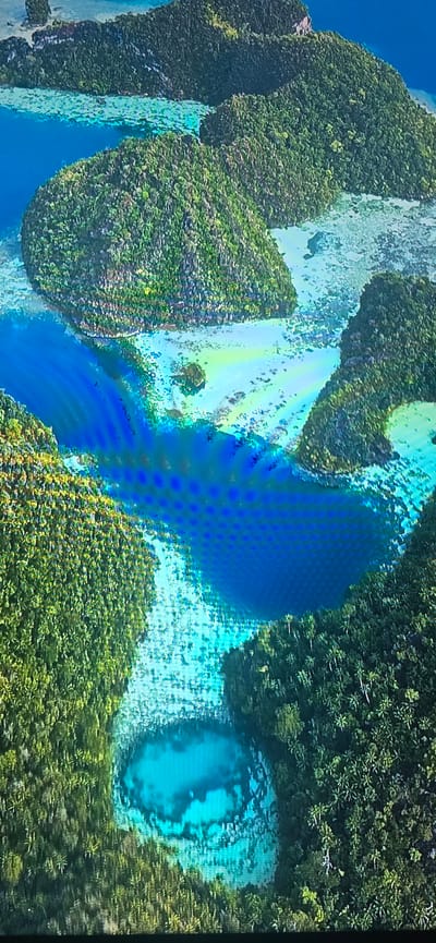 This is an aerial, eye-level, outdoor shot of a tropical island landscape. The image features lush green vegetation covering hilly terrain, interspersed with clear turquoise water. The water exhibits varying shades of blue and green, with visible coral reefs and underwater formations. In the foreground, a distinct, circular blue pool, possibly a cenote or sinkhole, is surrounded by dense jungle. The overall impression is of a serene and exotic natural environment. There is no indication of the city of Lippstadt, Germany, or any urban elements in the image.