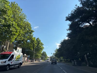 The image captures a street scene in Tbilisi, Georgia, likely on a bright, sunny day with a clear blue sky. The perspective is from a moving vehicle, looking down a wide, paved road lined with mature trees on both sides. On the left, a white van with red and green branding is prominently visible, parked or moving alongside the curb. The van has an image of fruit, specifically pears, on its side. Adjacent to the van, there are buildings and a bus stop sign.
The road itself has lane markings and appears to be a multi-lane thoroughfare. Several vehicles are present on the road, including a dark SUV in the foreground, a white truck further down the road, and other cars in the distance. Traffic lights are visible, with one showing green. On the right side of the road, there is a dense line of dark green trees, with several large, dark-colored garbage bins visible at the base of the trees near the sidewalk. The presence of overhead wires suggests an urban or suburban environment. The overall impression is a typical city street scene during daylight hours, with ample greenery and active traffic.
