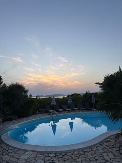 The image depicts an outdoor swimming pool at dusk, situated in a setting that suggests a coastal location. The pool is kidney-shaped and filled with clear blue water, reflecting the sky and surrounding elements. The pool is bordered by a stone patio.
To the right of the pool, lounge chairs and umbrellas are visible. Behind the pool and lounge chairs, there is dense vegetation, including trees and palm fronds, with a body of water and a distant coastline visible on the horizon under a sky painted with the soft colors of sunset. The overall impression is one of a tranquil, serene evening scene.
While the image showcases a beautiful setting, it does not contain enough specific visual cues to definitively pinpoint its exact location within Alghero, Italy, or to identify any specific individuals or activities.