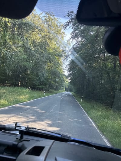 The image shows a view from inside a vehicle looking forward through the windshield. The vehicle is on a paved road that curves gently to the left, bordered by tall green trees on both sides. The sun is shining through the leaves of the trees, casting dappled shadows on the road. The trees are dense and form a canopy overhead. There are white road markers on the right side of the road. In the foreground, part of the vehicle's dashboard and windshield wipers are visible. The scene appears to be a rural road in a wooded area. While the location of Volpertshausen, Germany is mentioned, there are no specific visual cues within the image to confirm this precise location, such as street signs or recognizable landmarks. The image depicts a drive through a forest.