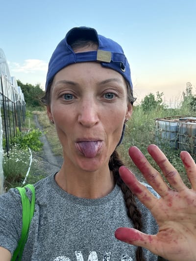 A woman with blue eyes and a blue baseball cap is shown in a selfie outdoors, with her tongue sticking out and stained purple. Her hand, also stained purple, is held up to the camera. She is wearing a grey t-shirt and a green strap over her shoulder. In the background, there is a path, some plants, a greenhouse, and large metal containers. The sky is a pale blue. The location is identified as Zaprudnoe, Ukraine.